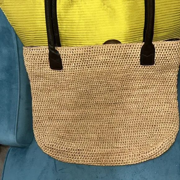 Helen Kaminski Woven Raffia Straw Tote Bag Brown Leather Handles Summer Purse - Picture 6 of 7